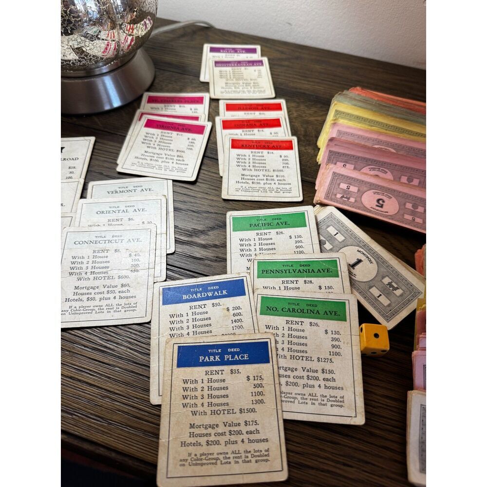 Vintage Monopoly pieces, money, game pieces, game cards